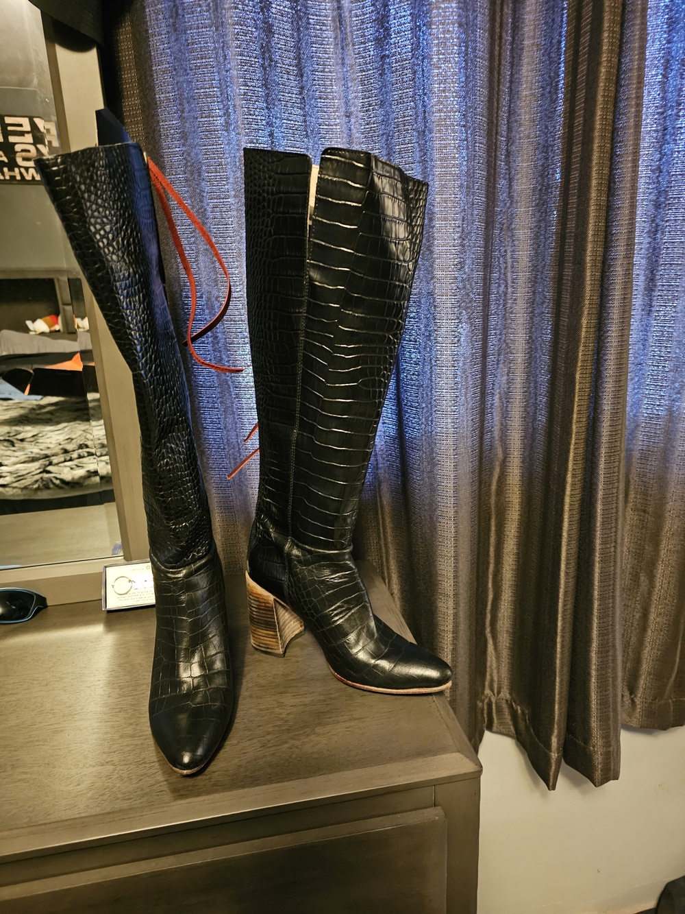 Black Croc-Embossed Knee-High Leather Boots - Women